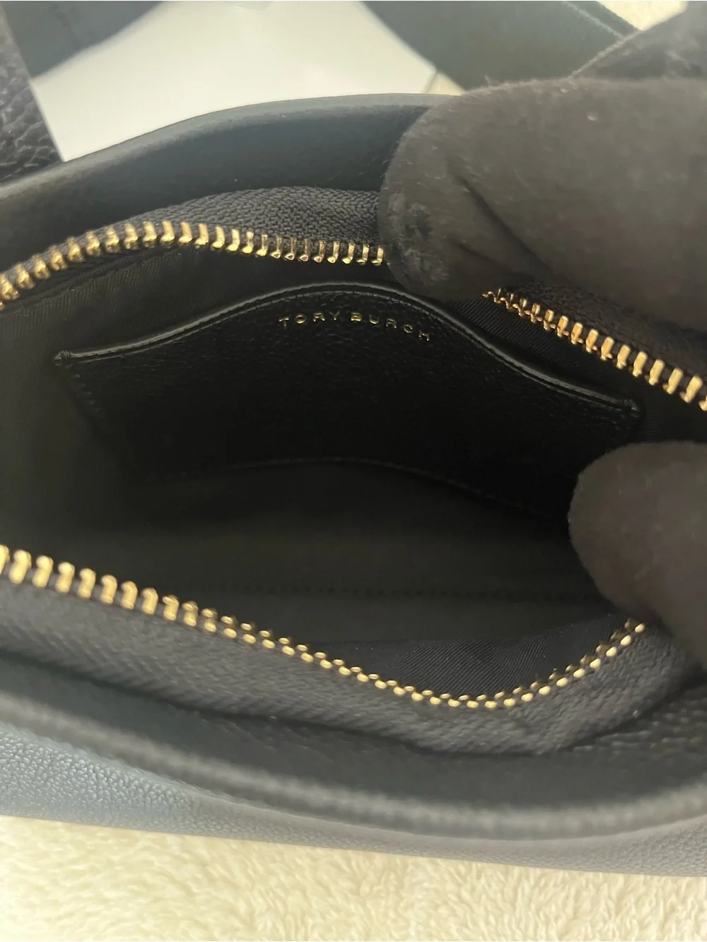 Tory Burch Black Pebbled Leather Mini Satchel with Gold Logo include paper bag